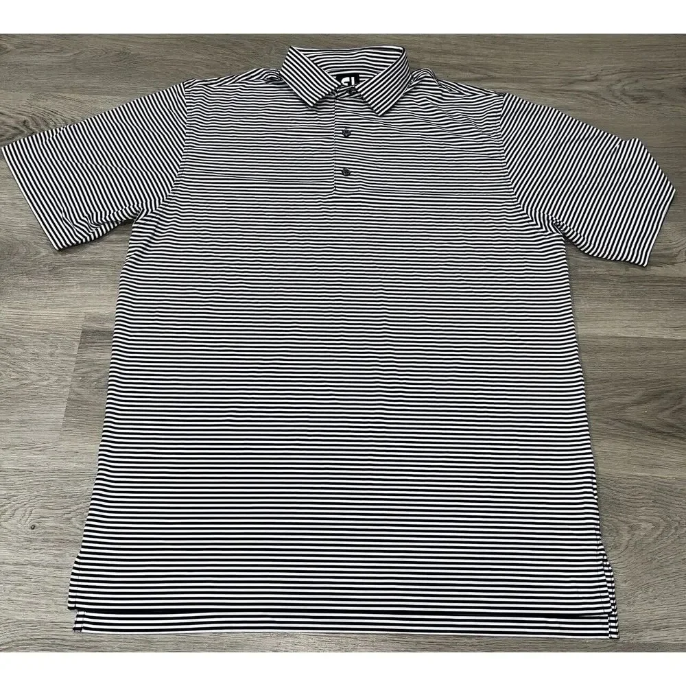 FJ Footjoy Mens Golf Polo Shirt Short Sleeve Blue & White Stripes Large - Picture 2 of 9